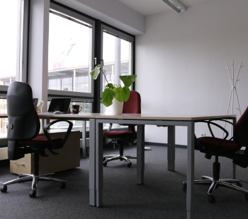 Modernes Büro mit großen Fenstern, zwei leeren Stühlen um einen Tisch, einer Topfpflanze in der Mitte und einem Kleiderständer in der Ecke. Natürliches Licht erfüllt den Raum und schafft eine helle und saubere Atmosphäre.