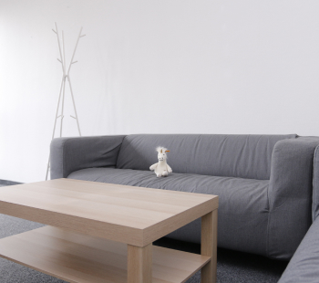 Ein kleines Stofftier sitzt auf einem grauen Sofa in einem minimalistischen Wohnzimmer mit einem hölzernen Couchtisch und einem Kleiderständer an einer schlichten weißen Wand.
